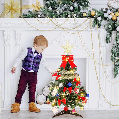 Hiboom 2 Pcs 24 Inches Mini Christmas Tree with LED Lights Tabletop Prelit Star Treetopper Small Christmas Tree Decorated Gift Boxes Hanging Ornaments for Xmas Winter Holiday DIY Decorations