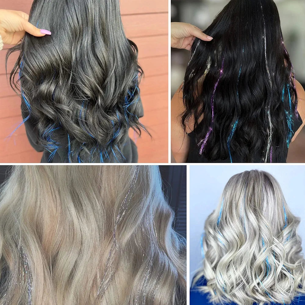 Goabroa Hair Tinsel Kit with Tools, 47 Inches 5 Colors 2550 Strands Heat Resistant Glitter Hair Extensions, Sparkling Shiny Fairy Hair Tinsel 