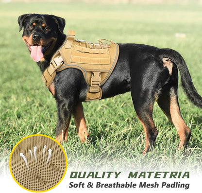 Tactical Dog Harness No-pull, adjustable, with handle, Molle & loop panels, Khaki, Medium.