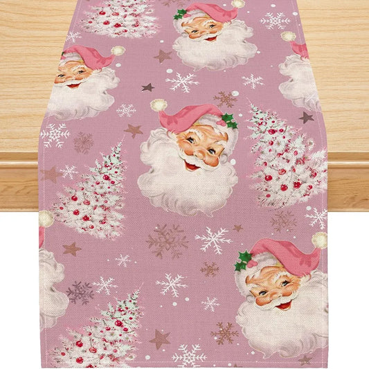 Siilues Christmas Table Runner, Santa Claus Christmas Decorations Pink Christmas Runner for Table Seasonal Winter Holiday Decor for Indoor Outdoor Dining Table Decorations 