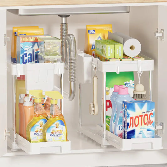 Under Sink Organizers, 2 Pack Multi-Purpose Pull-out Bathroom Organizers and Storage, 2 Tier Kitchen and Bathroom Sink Cabinet Organizer with Sliding Drawer, White
