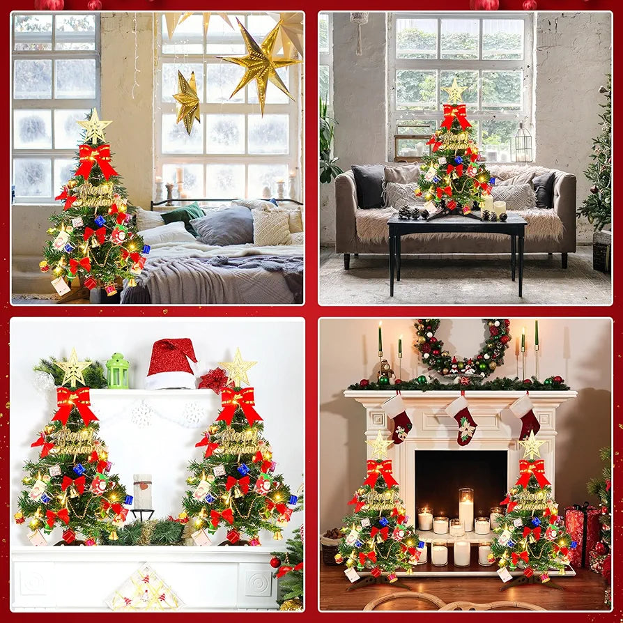 Hiboom 2 Pcs 24 Inches Mini Christmas Tree with LED Lights Tabletop Prelit Star Treetopper Small Christmas Tree Decorated Gift Boxes Hanging Ornaments for Xmas Winter Holiday DIY Decorations