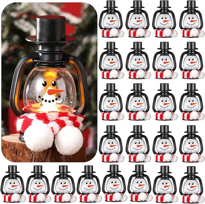 24 Set Christmas Mini Lantern with LED Candle Snowman Lanterns Decorations with Hat and Scarf Christmas Snowman Gift Portable Snowman Tabletop Centerpiece for Winter Christmas Party Decoration