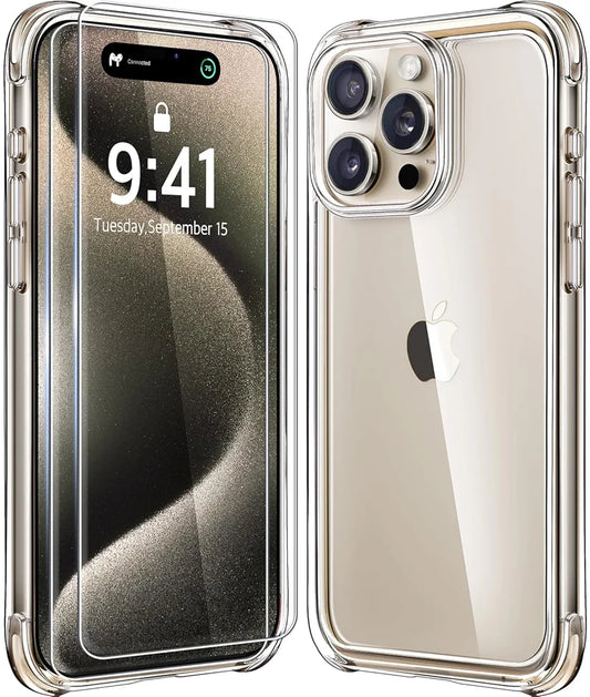 Mkeke Premium Clear Case for iPhone 15 Pro Max - Unyellowing, Military-Grade Drop Protection with 2 Screen Protectors