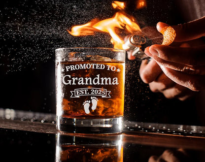 Promoted To Grandma Est 2025 Whiskey Glass – 11oz Old Fashioned Bourbon Rocks Glass – Pregnancy Announcement Gift for Mom, Future Grandma Gift, Baby Reveal Idea
