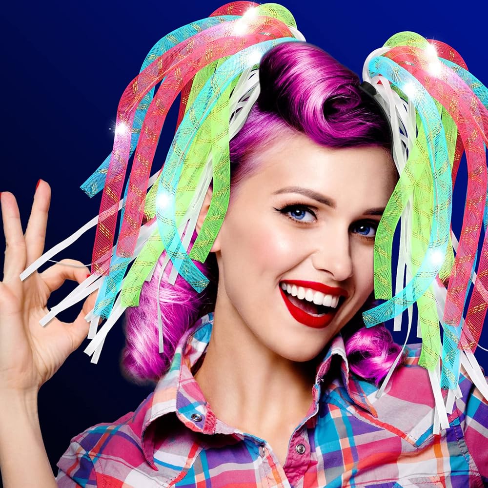 Jexine 4 Pack Light up Noodle Rave Headband LED Springy Mesh Noodle Headband Accessory for Birthday Dance Nightly Parades