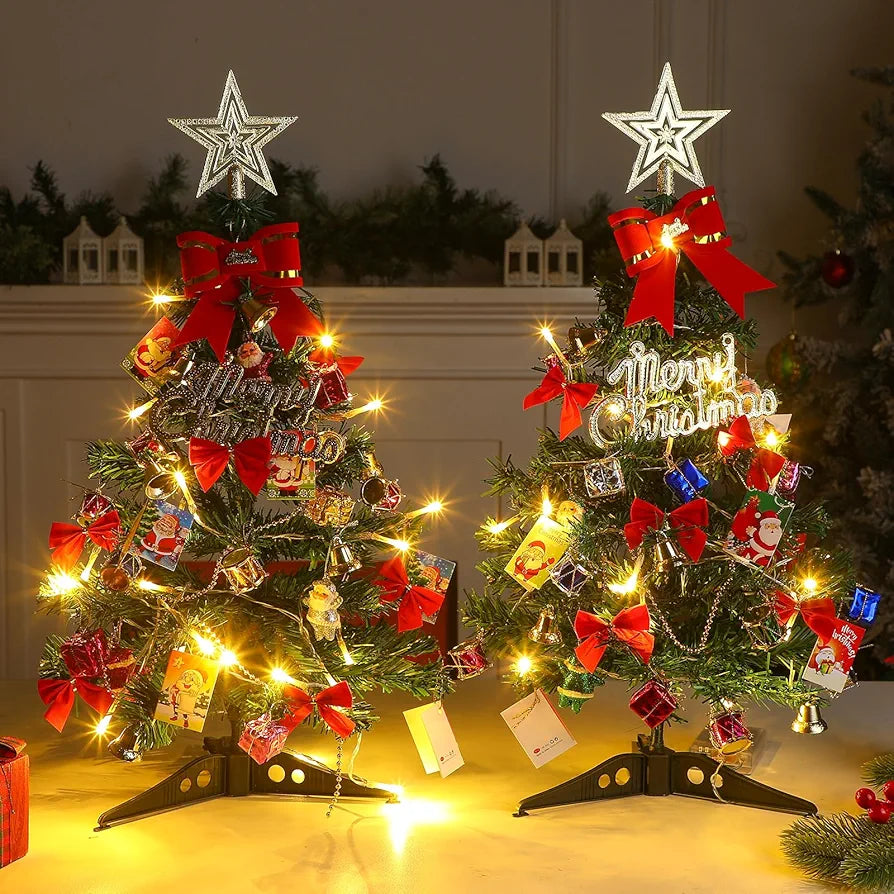 Hiboom 2 Pcs 24 Inches Mini Christmas Tree with LED Lights Tabletop Prelit Star Treetopper Small Christmas Tree Decorated Gift Boxes Hanging Ornaments for Xmas Winter Holiday DIY Decorations
