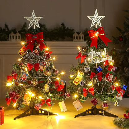 Hiboom 2 Pcs 24 Inches Mini Christmas Tree with LED Lights Tabletop Prelit Star Treetopper Small Christmas Tree Decorated Gift Boxes Hanging Ornaments for Xmas Winter Holiday DIY Decorations
