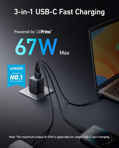 Anker Prime 67W USB C Charger, Anker GaN Wall Charger, 3-Port