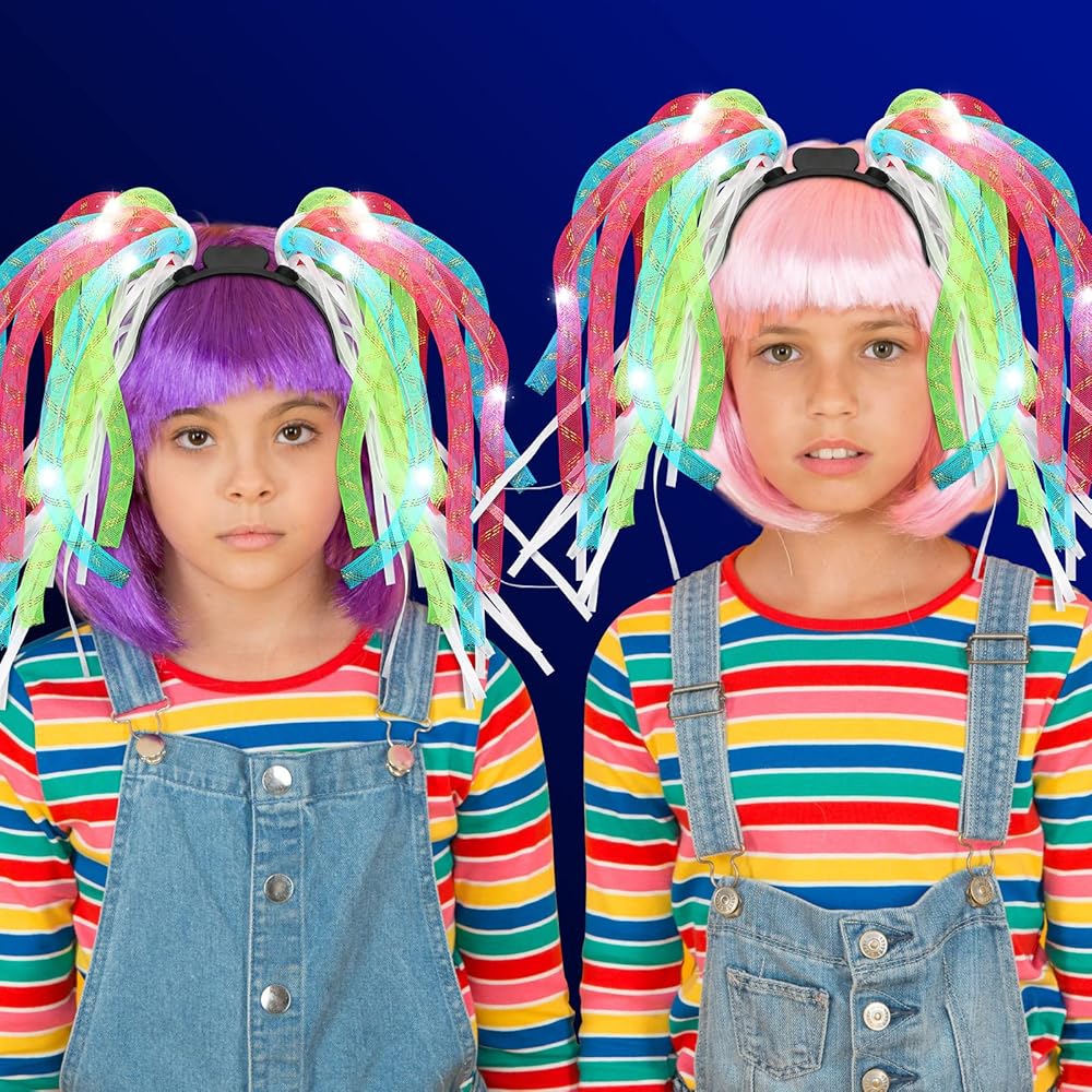 Jexine 4 Pack Light up Noodle Rave Headband LED Springy Mesh Noodle Headband Accessory for Birthday Dance Nightly Parades