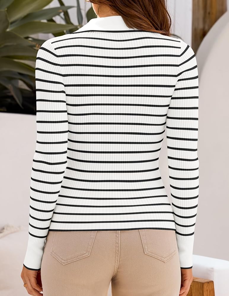 ZESICA Women's Long Sleeve V Neck Knit Tops Spring Striped Sweater Slim Fit Casual Basic Tee Tops