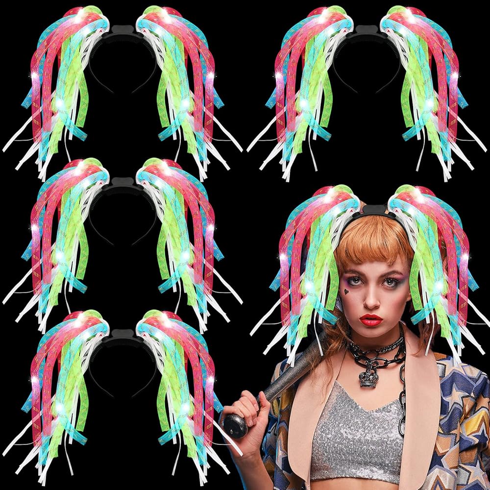 Jexine 4 Pack Light up Noodle Rave Headband LED Springy Mesh Noodle Headband Accessory for Birthday Dance Nightly Parades