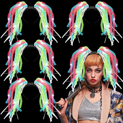 Jexine 4 Pack Light up Noodle Rave Headband LED Springy Mesh Noodle Headband Accessory for Birthday Dance Nightly Parades