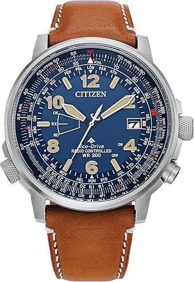 Citizen Men's Eco-Drive Promaster Air Skyhawk Atomic Time Keeping Watch in Super Titanium with Brown Leather Strap, Blue Dial 