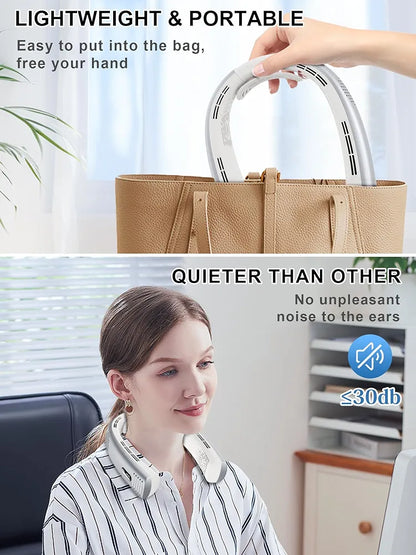 Portable Neck Fan Rechargeable 7000mAh, Bladeless 360° Airflow Cooling Neck Fan Cooler with Necksupport, Quiet Wearable Hands-Free Personal Fan, 4 Turbo, Display, Portable Fan for Hot Flashes/ Travel