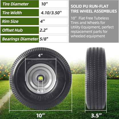 AR-PRO  10-Inch Solid Wheel Replacement - 4.10/3.50-4 Flat Free Tire and Wheel with 5/8 extra 3/4 &1/2 Bearings and 2.2" Offset Hub - Compatible with Hand Truck, Generator, Gorilla Carts