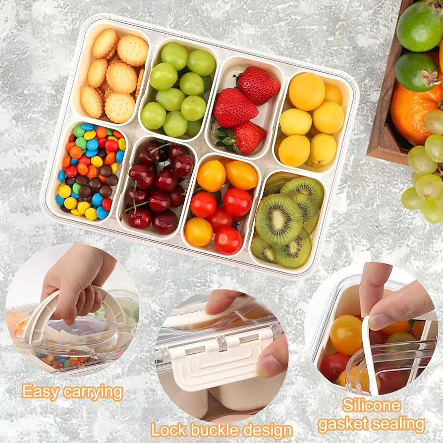 Premium Divided Serving Tray with Lid & Handle - 8 Compartment Snackle Box for Charcuterie, Snacks, Fruits & More!