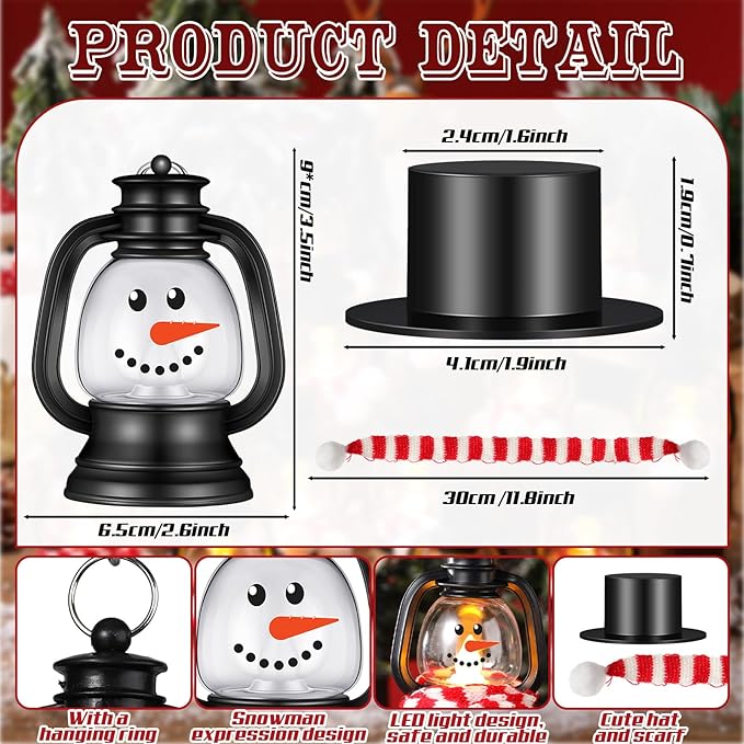 24 Set Christmas Mini Lantern with LED Candle Snowman Lanterns Decorations with Hat and Scarf Christmas Snowman Gift Portable Snowman Tabletop Centerpiece for Winter Christmas Party Decoration