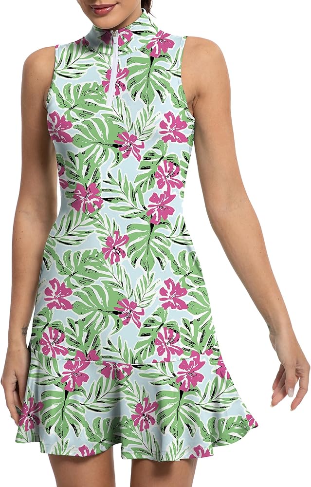 Tennis Dress for Women Athletic Golf Dress with Built in Separate Shorts Backless Workout Dress with Adjustable Straps Red Flowers