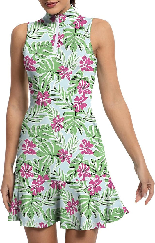 Tennis Dress for Women Athletic Golf Dress with Built in Separate Shorts Backless Workout Dress with Adjustable Straps Red Flowers