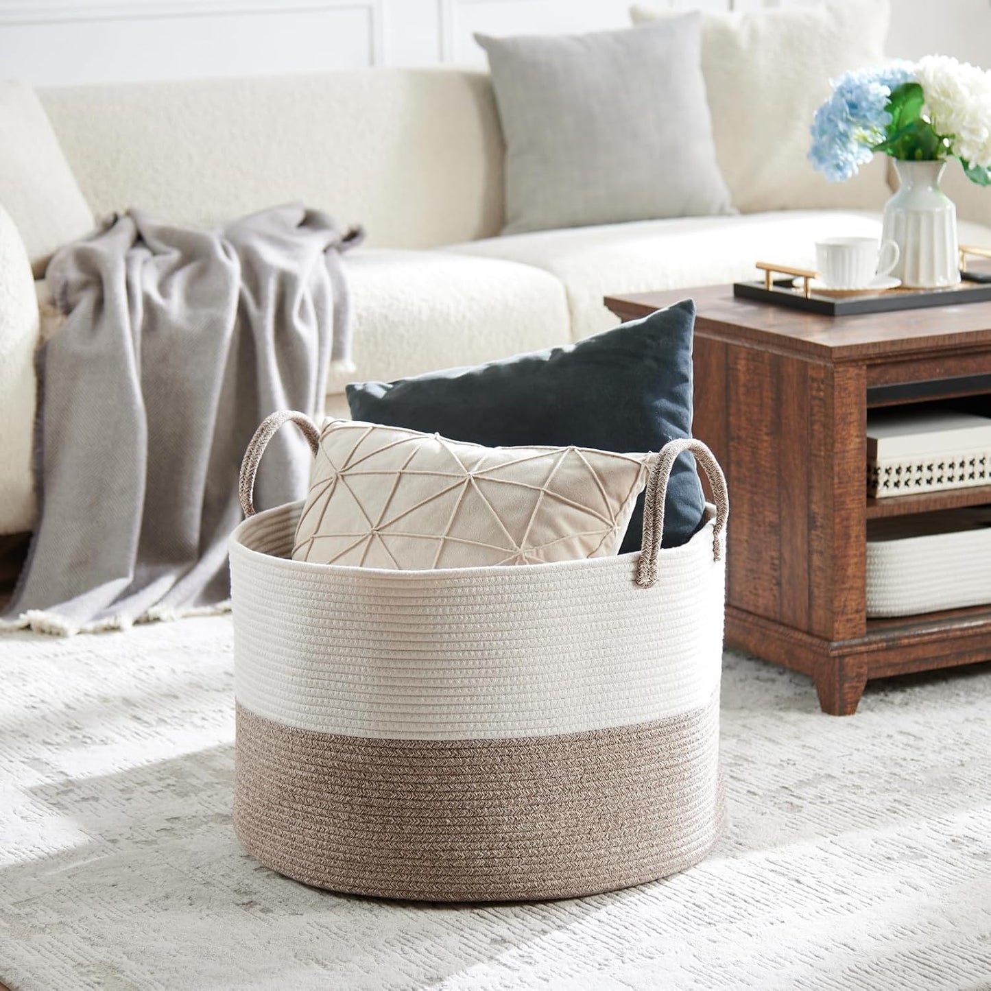 Luxury Little XXXL Nursery Storage Basket, 22 x 22 x 14 inches - 100% Cotton Rope Basket with Handles, Laundry Basket for Toys, Blankets and Pillows - Off White & Beige