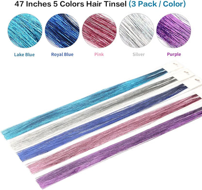 Goabroa Hair Tinsel Kit with Tools, 47 Inches 5 Colors 2550 Strands Heat Resistant Glitter Hair Extensions, Sparkling Shiny Fairy Hair Tinsel 