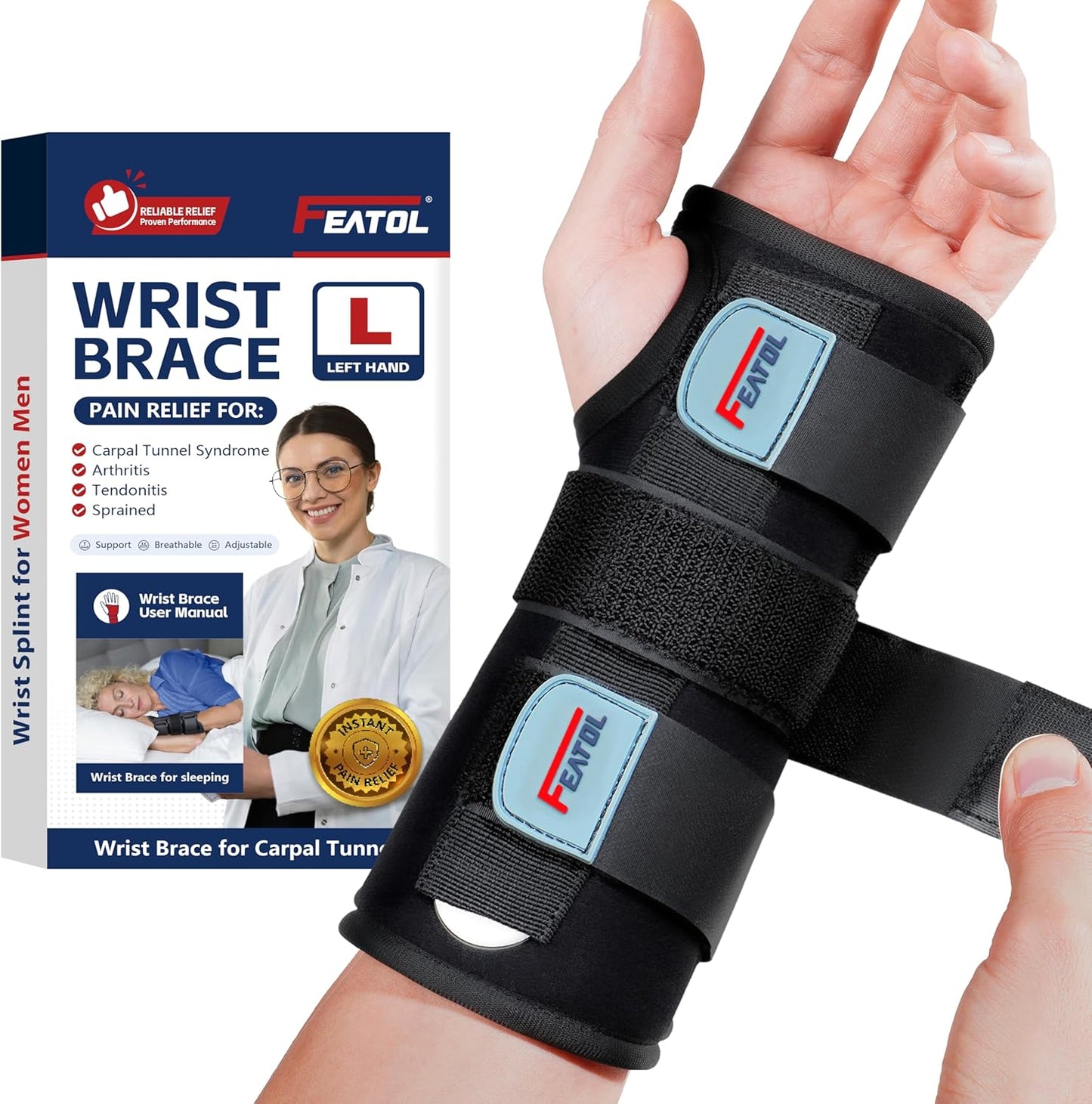 FEATOL Wrist Brace Hand Brace, Carpal Tunnel Wrist Splint Night Support for Women Men, Pain Relief Support -Tendonitis, Arthritis, Sprain, Right Hand, Medium/Large