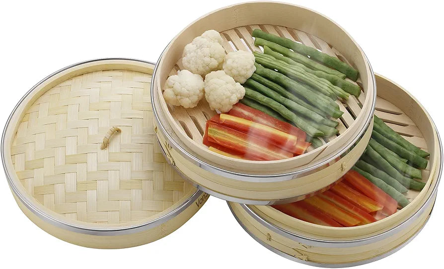 VonShef Premium 2 Tier Bamboo Steamer with Stainless Steel Banding Includes 2 Pairs of Chopsticks and 50 Wax Steamer Liners, Perfect For Steaming Dim Sum Dumplings Buns Vegetables Fish Rice, 10 Inches