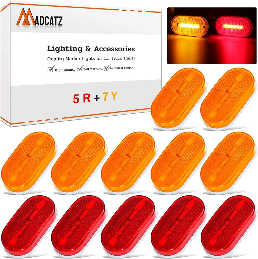MADCATZ 5 Red + 7 Amber 4 Inch Oblong Side Marker Trailer Indicator Lights 6 LED Clearance Lamp Pickup Caravan Tow Truck Van RV Bus Lorry ATV 12V DC TT12