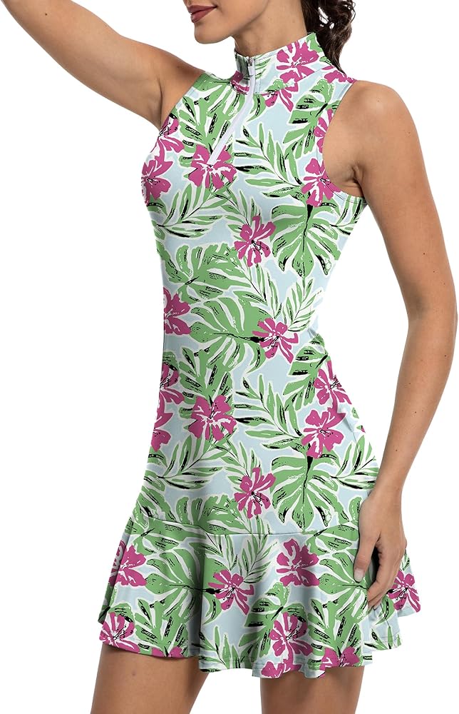 Tennis Dress for Women Athletic Golf Dress with Built in Separate Shorts Backless Workout Dress with Adjustable Straps Red Flowers