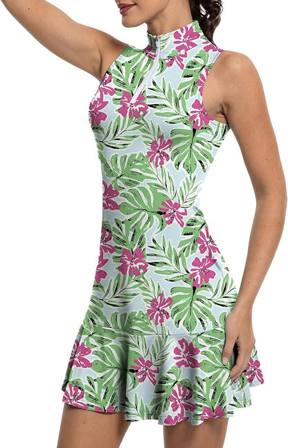 Tennis Dress for Women Athletic Golf Dress with Built in Separate Shorts Backless Workout Dress with Adjustable Straps Red Flowers