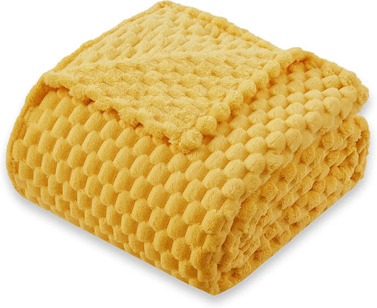 Super Soft Fleece Twin Blanket 50x70 Inches for Couch, Premium Silky with 3D Imitation Turtle Shell Jacquard Decorative Blankets, Lightweight and Cozy for Sofa.Yellow
