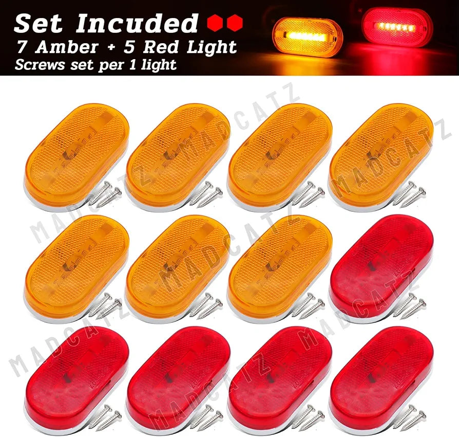 MADCATZ 5 Red + 7 Amber 4 Inch Oblong Side Marker Trailer Indicator Lights 6 LED Clearance Lamp Pickup Caravan Tow Truck Van RV Bus Lorry ATV 12V DC TT12