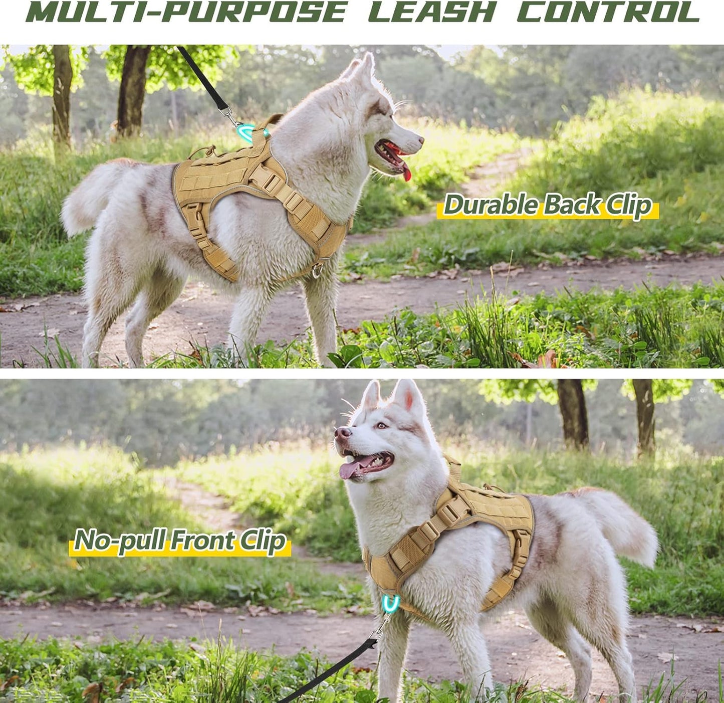 Tactical Dog Harness No-pull, adjustable, with handle, Molle & loop panels, Khaki, Medium.