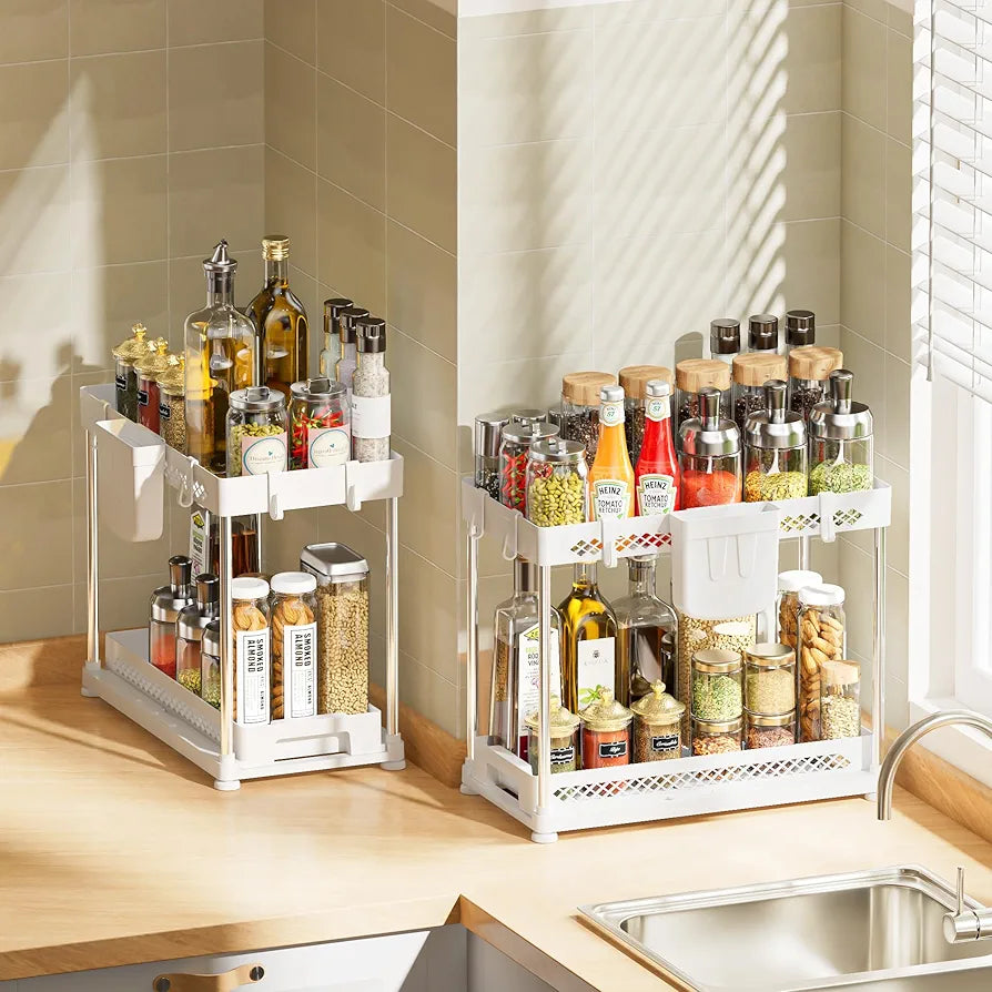 Under Sink Organizers, 2 Pack Multi-Purpose Pull-out Bathroom Organizers and Storage, 2 Tier Kitchen and Bathroom Sink Cabinet Organizer with Sliding Drawer, White