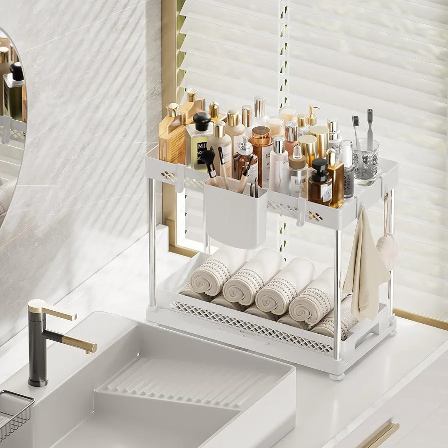 Under Sink Organizers, 2 Pack Multi-Purpose Pull-out Bathroom Organizers and Storage, 2 Tier Kitchen and Bathroom Sink Cabinet Organizer with Sliding Drawer, White