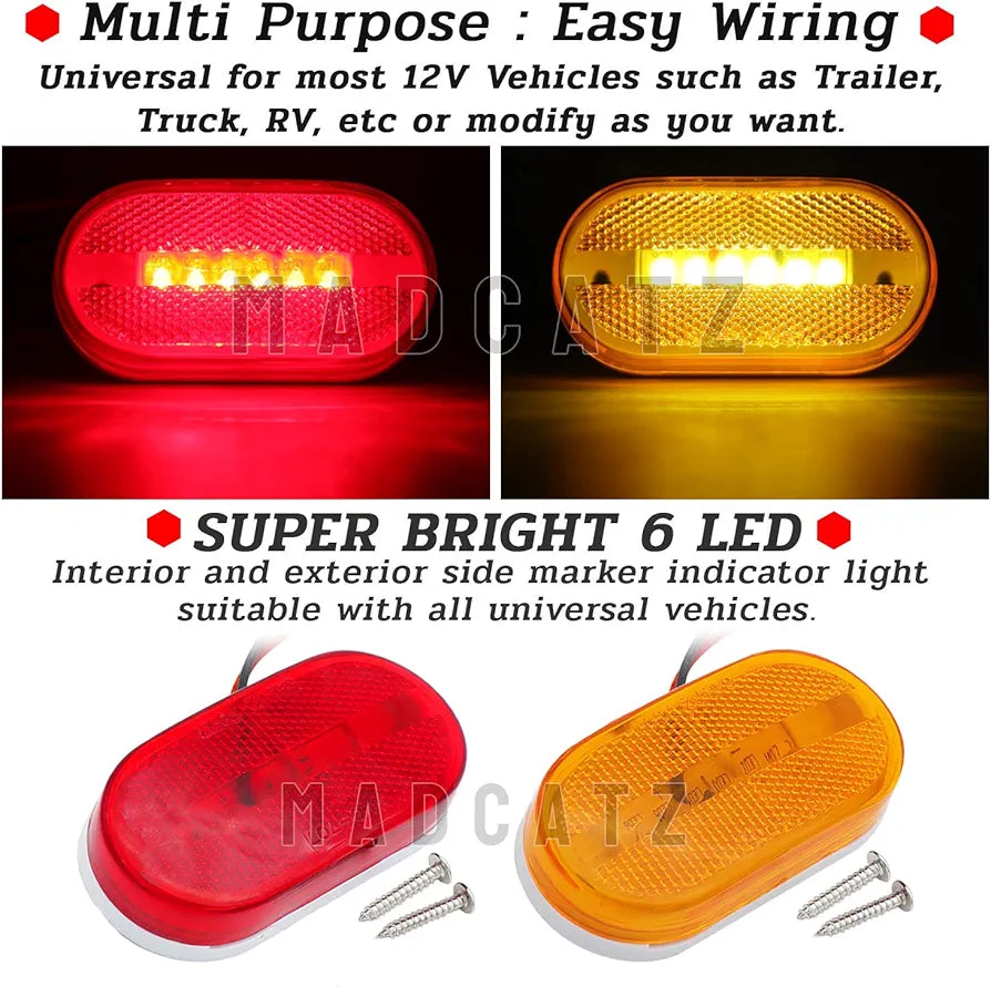 MADCATZ 5 Red + 7 Amber 4 Inch Oblong Side Marker Trailer Indicator Lights 6 LED Clearance Lamp Pickup Caravan Tow Truck Van RV Bus Lorry ATV 12V DC TT12