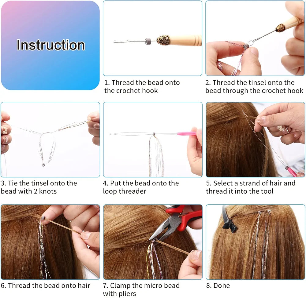 Goabroa Hair Tinsel Kit with Tools, 47 Inches 5 Colors 2550 Strands Heat Resistant Glitter Hair Extensions, Sparkling Shiny Fairy Hair Tinsel 