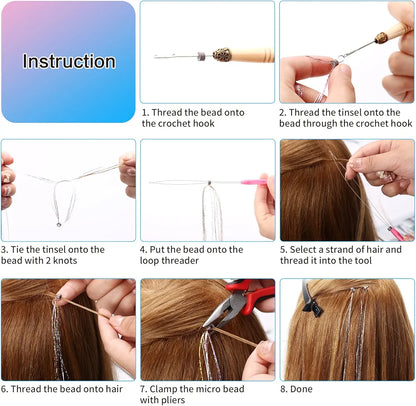 Goabroa Hair Tinsel Kit with Tools, 47 Inches 5 Colors 2550 Strands Heat Resistant Glitter Hair Extensions, Sparkling Shiny Fairy Hair Tinsel 
