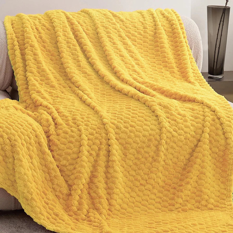 Super Soft Fleece Twin Blanket 50x70 Inches for Couch, Premium Silky with 3D Imitation Turtle Shell Jacquard Decorative Blankets, Lightweight and Cozy for Sofa.Yellow