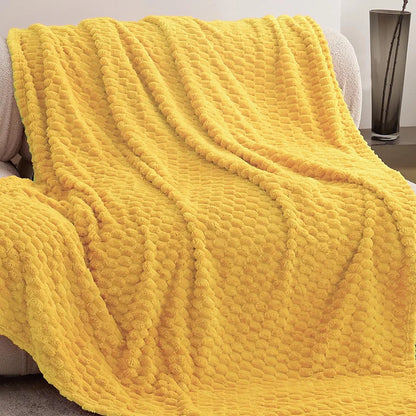 Super Soft Fleece Twin Blanket 50x70 Inches for Couch, Premium Silky with 3D Imitation Turtle Shell Jacquard Decorative Blankets, Lightweight and Cozy for Sofa.Yellow