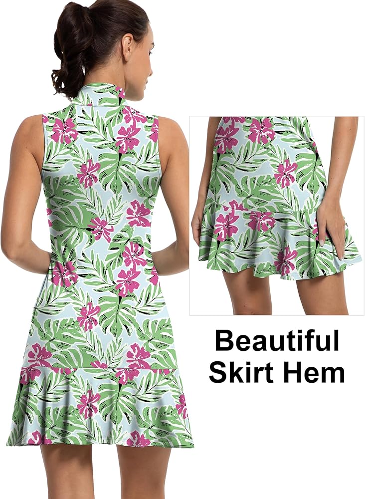 Tennis Dress for Women Athletic Golf Dress with Built in Separate Shorts Backless Workout Dress with Adjustable Straps Red Flowers