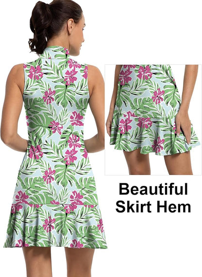 Tennis Dress for Women Athletic Golf Dress with Built in Separate Shorts Backless Workout Dress with Adjustable Straps Red Flowers