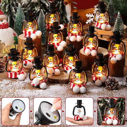 24 Set Christmas Mini Lantern with LED Candle Snowman Lanterns Decorations with Hat and Scarf Christmas Snowman Gift Portable Snowman Tabletop Centerpiece for Winter Christmas Party Decoration