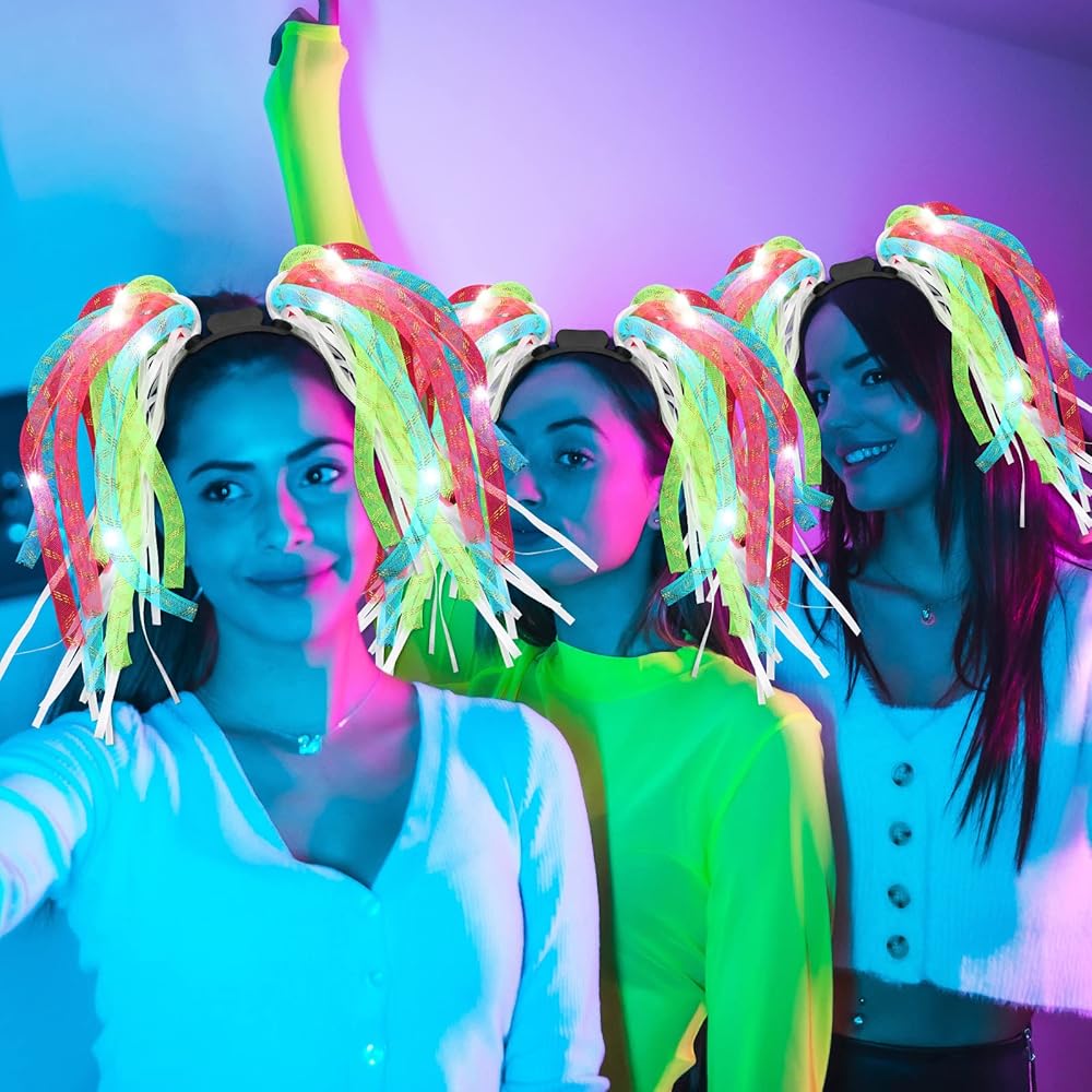 Jexine 4 Pack Light up Noodle Rave Headband LED Springy Mesh Noodle Headband Accessory for Birthday Dance Nightly Parades