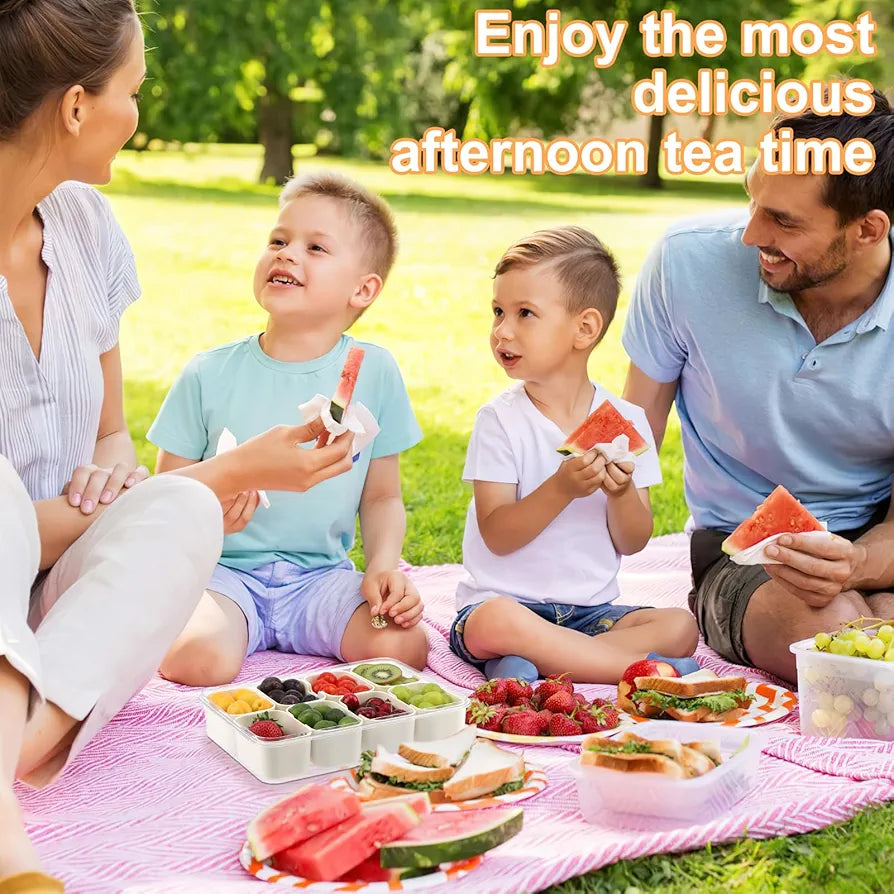 Premium Divided Serving Tray with Lid & Handle - 8 Compartment Snackle Box for Charcuterie, Snacks, Fruits & More!