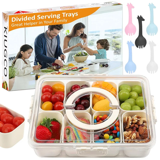 Premium Divided Serving Tray with Lid & Handle - 8 Compartment Snackle Box for Charcuterie, Snacks, Fruits & More!