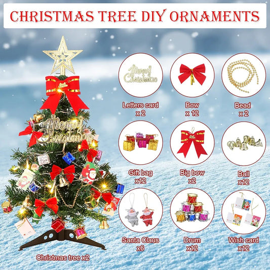 Hiboom 2 Pcs 24 Inches Mini Christmas Tree with LED Lights Tabletop Prelit Star Treetopper Small Christmas Tree Decorated Gift Boxes Hanging Ornaments for Xmas Winter Holiday DIY Decorations