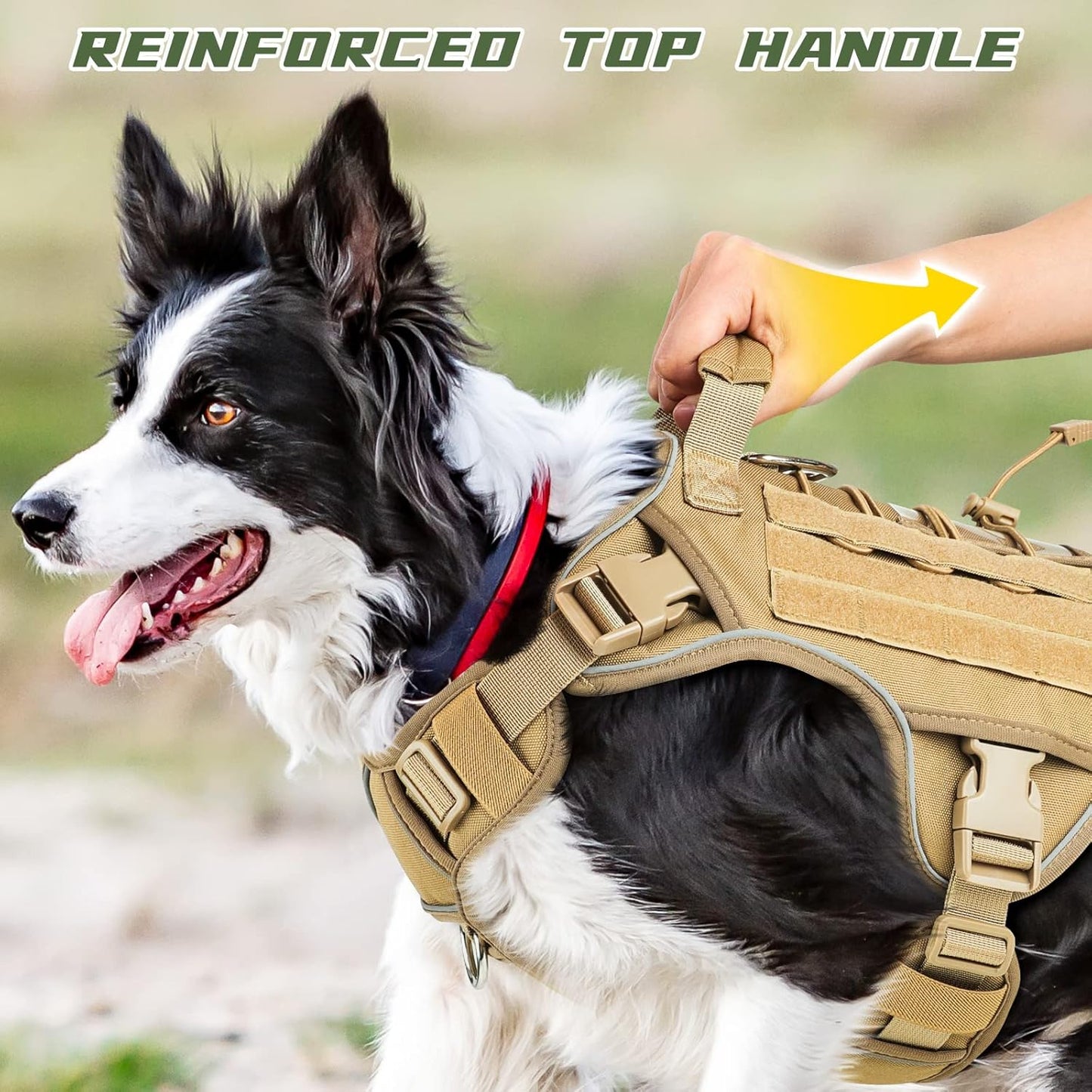 Tactical Dog Harness No-pull, adjustable, with handle, Molle & loop panels, Khaki, Medium.