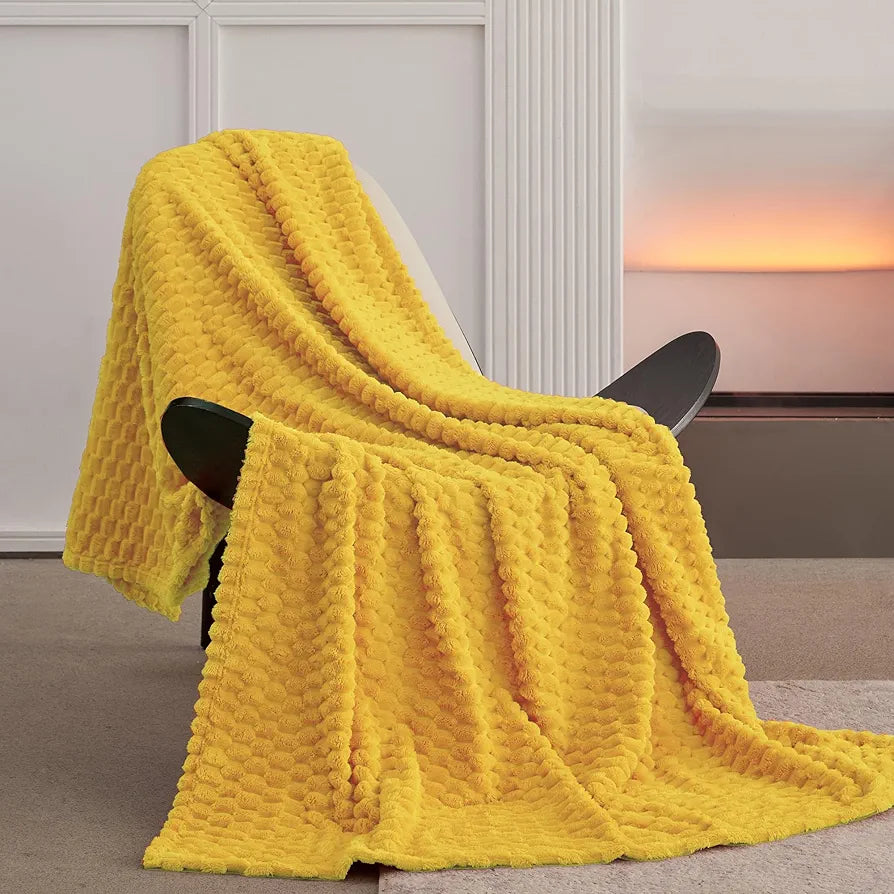 Super Soft Fleece Twin Blanket 50x70 Inches for Couch, Premium Silky with 3D Imitation Turtle Shell Jacquard Decorative Blankets, Lightweight and Cozy for Sofa.Yellow